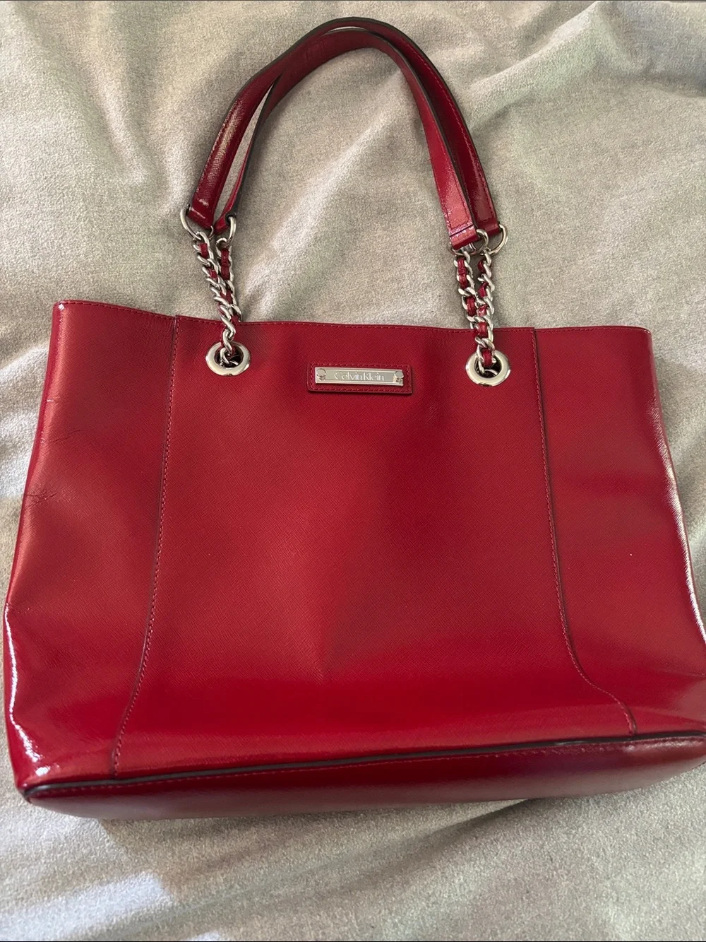 Calvin Klein Red Leather Tote Bag with Chain Handles - Unknown Brand